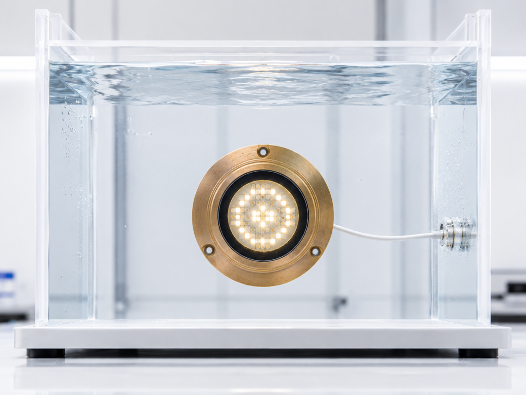 Waterproof testing of underwater LED light in acrylic tank